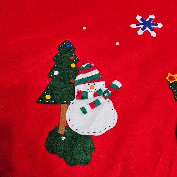Red Felt Applique Christmas Tree Skirt 41" vintage Snowman Teddy Bear tree gift - Picture 3 of 7